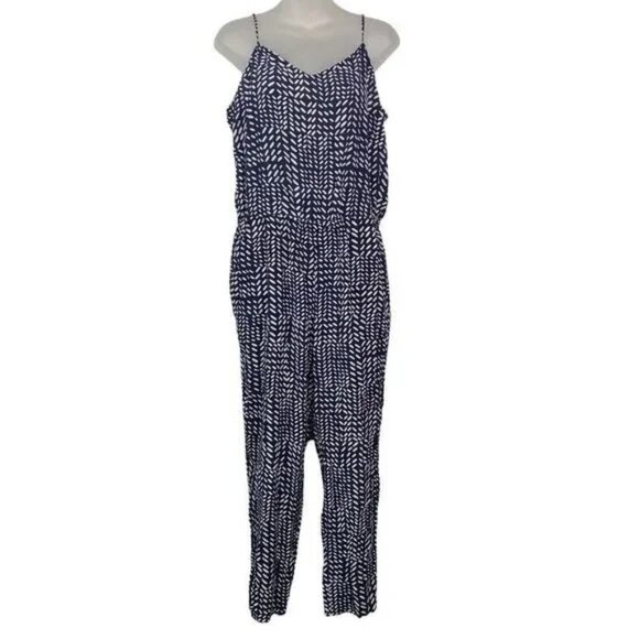 LOFT NAVY & WHITE GEOMETRICAL PATTERN SLEEVELESS JUMPSUIT MEDIUM-EUC - Picture 2 of 12